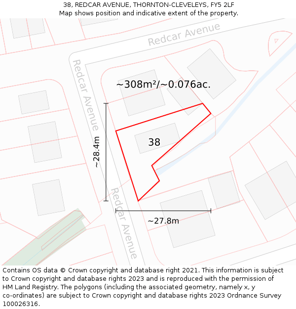 38, REDCAR AVENUE, THORNTON-CLEVELEYS, FY5 2LF: Plot and title map