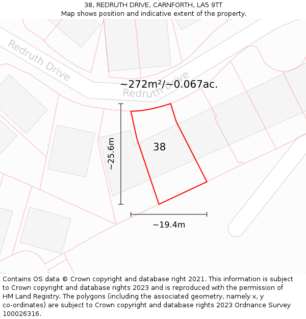38, REDRUTH DRIVE, CARNFORTH, LA5 9TT: Plot and title map