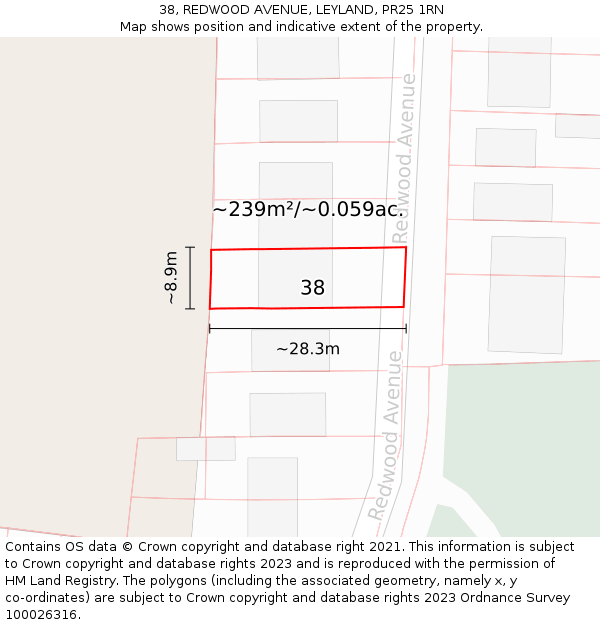 38, REDWOOD AVENUE, LEYLAND, PR25 1RN: Plot and title map