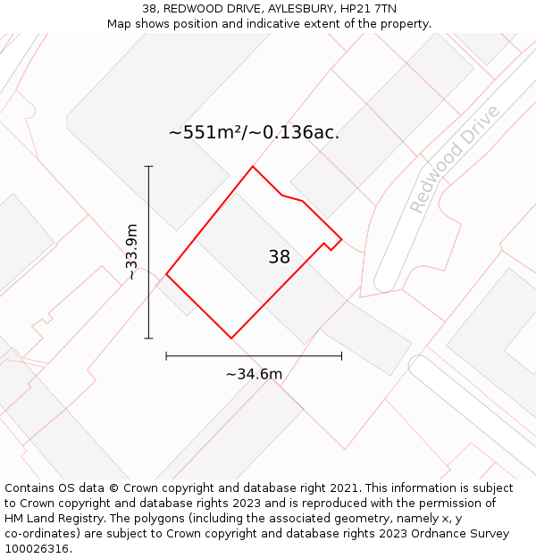38, REDWOOD DRIVE, AYLESBURY, HP21 7TN: Plot and title map