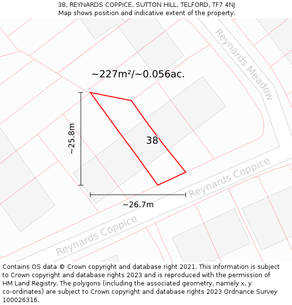 38, REYNARDS COPPICE, SUTTON HILL, TELFORD, TF7 4NJ: Plot and title map