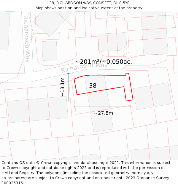 38, RICHARDSON WAY, CONSETT, DH8 5YF: Plot and title map