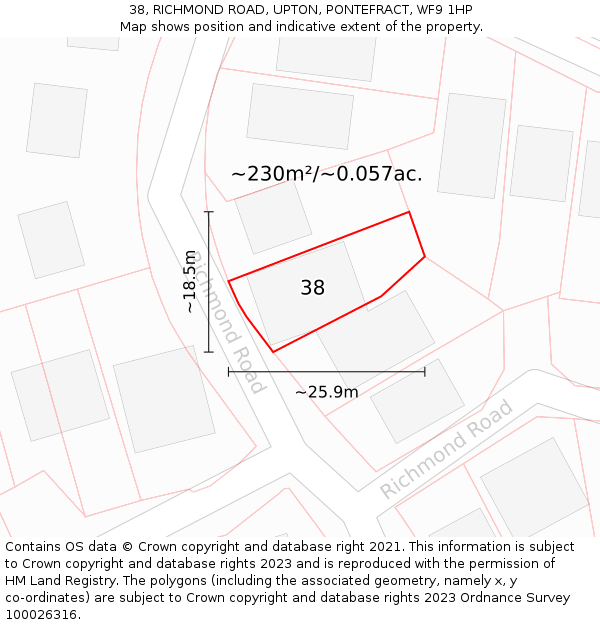 38, RICHMOND ROAD, UPTON, PONTEFRACT, WF9 1HP: Plot and title map
