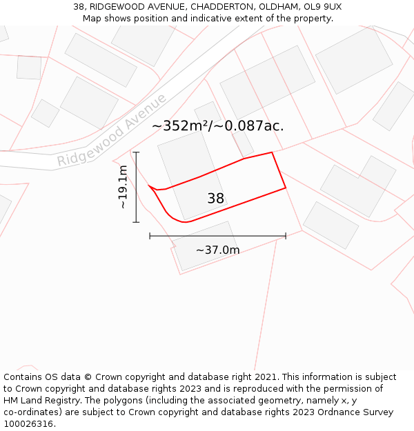 38, RIDGEWOOD AVENUE, CHADDERTON, OLDHAM, OL9 9UX: Plot and title map