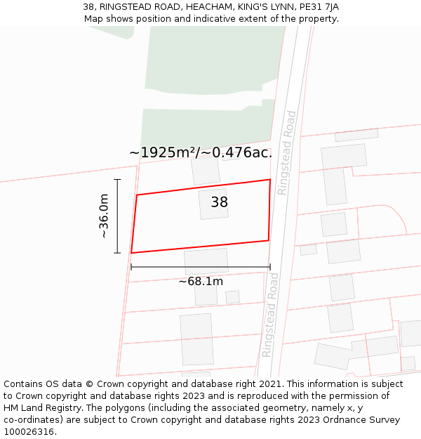 38, RINGSTEAD ROAD, HEACHAM, KING'S LYNN, PE31 7JA: Plot and title map