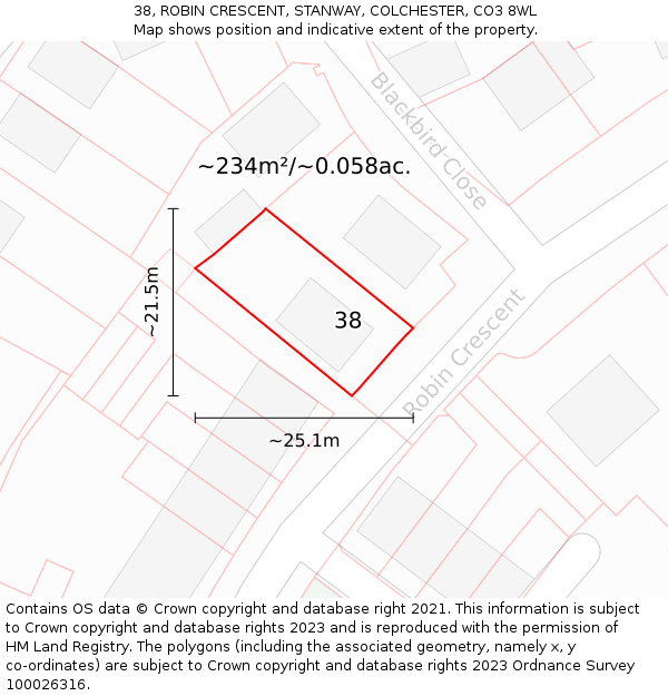 38, ROBIN CRESCENT, STANWAY, COLCHESTER, CO3 8WL: Plot and title map