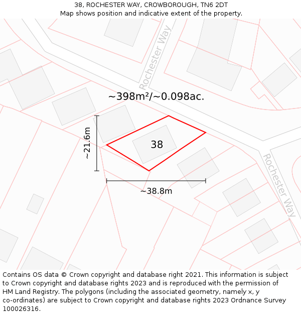 38, ROCHESTER WAY, CROWBOROUGH, TN6 2DT: Plot and title map
