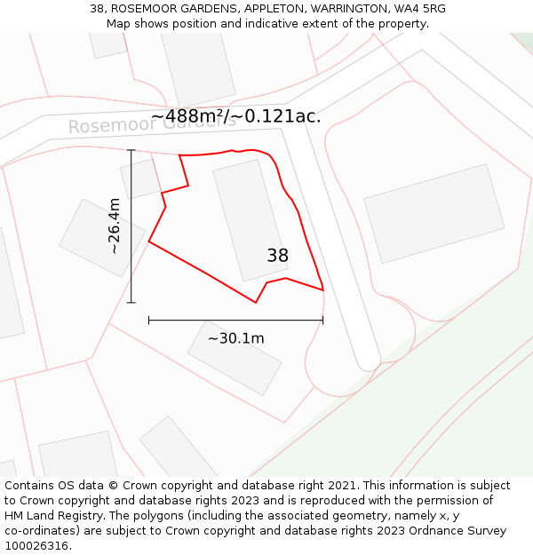 38, ROSEMOOR GARDENS, APPLETON, WARRINGTON, WA4 5RG: Plot and title map