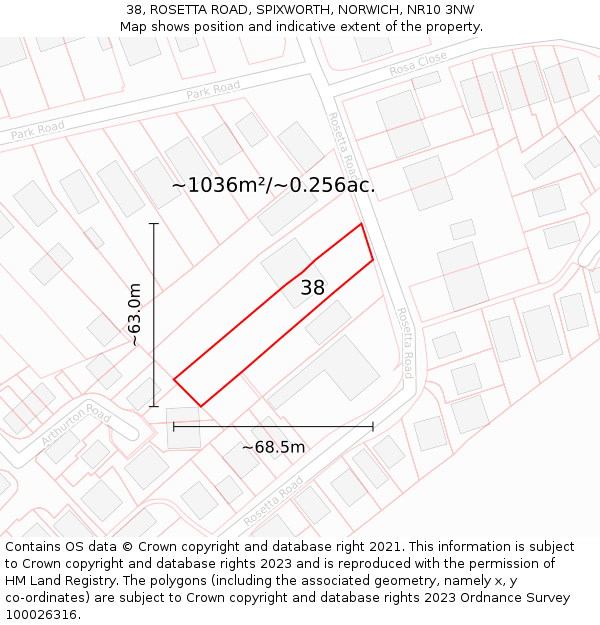 38, ROSETTA ROAD, SPIXWORTH, NORWICH, NR10 3NW: Plot and title map