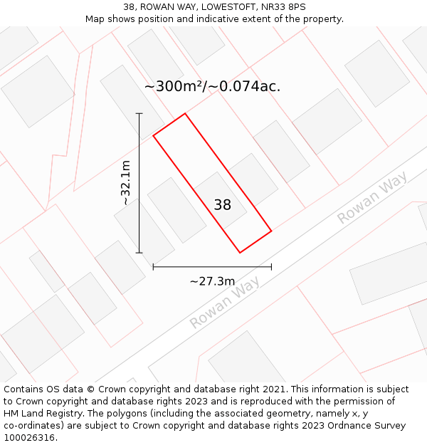38, ROWAN WAY, LOWESTOFT, NR33 8PS: Plot and title map