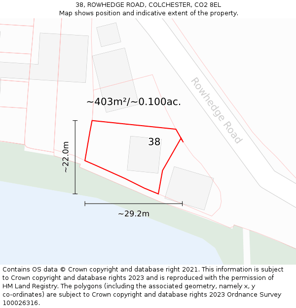 38, ROWHEDGE ROAD, COLCHESTER, CO2 8EL: Plot and title map