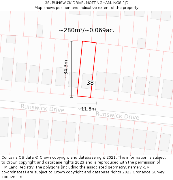 38, RUNSWICK DRIVE, NOTTINGHAM, NG8 1JD: Plot and title map
