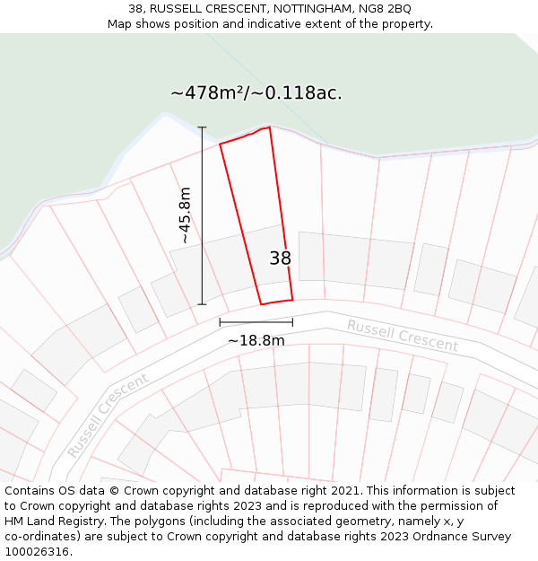 38, RUSSELL CRESCENT, NOTTINGHAM, NG8 2BQ: Plot and title map