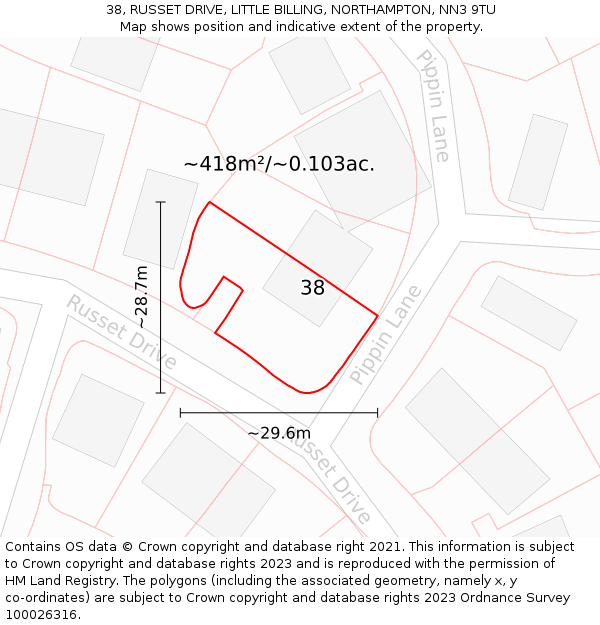38, RUSSET DRIVE, LITTLE BILLING, NORTHAMPTON, NN3 9TU: Plot and title map