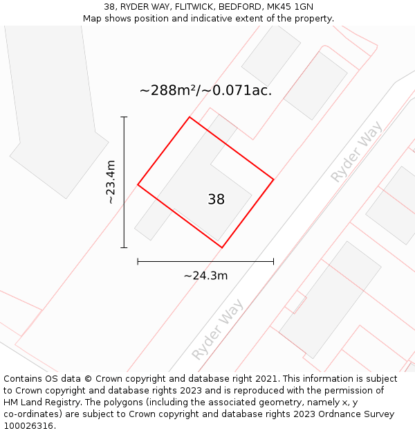38, RYDER WAY, FLITWICK, BEDFORD, MK45 1GN: Plot and title map