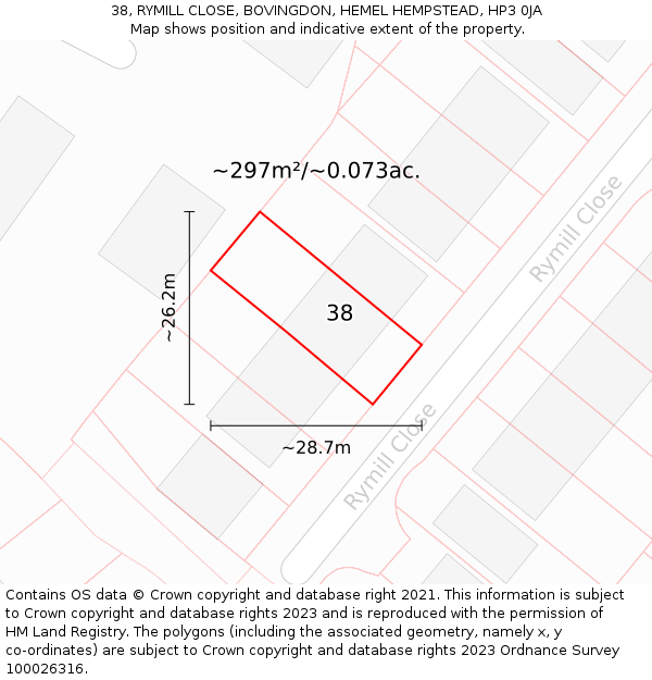 38, RYMILL CLOSE, BOVINGDON, HEMEL HEMPSTEAD, HP3 0JA: Plot and title map