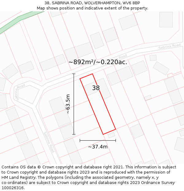 38, SABRINA ROAD, WOLVERHAMPTON, WV6 8BP: Plot and title map