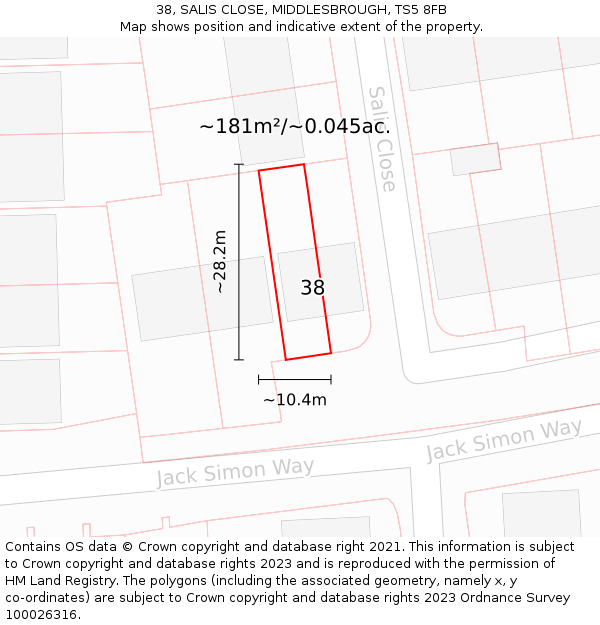 38, SALIS CLOSE, MIDDLESBROUGH, TS5 8FB: Plot and title map