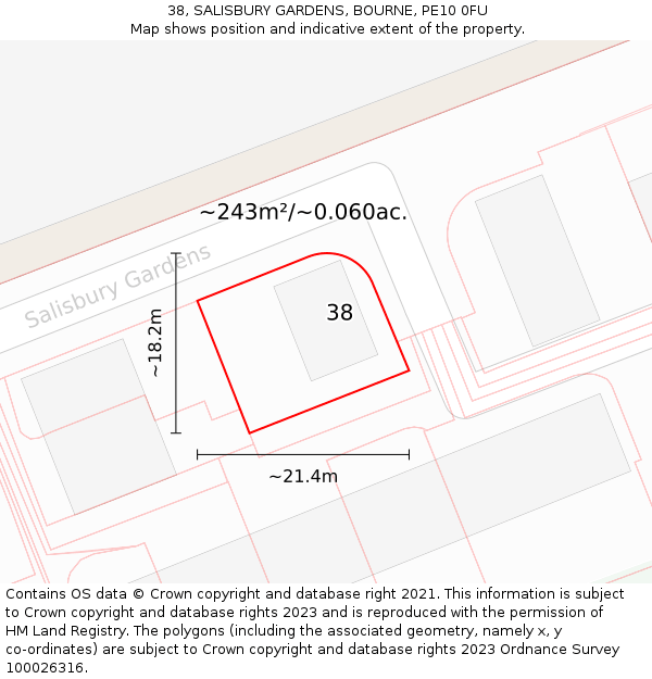 38, SALISBURY GARDENS, BOURNE, PE10 0FU: Plot and title map