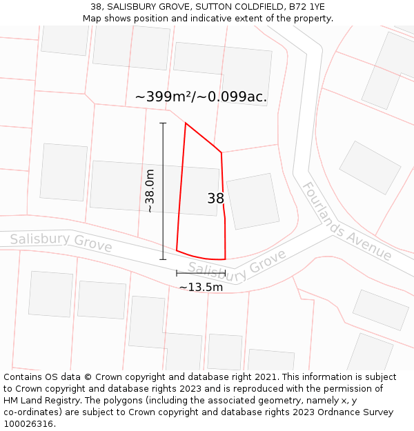 38, SALISBURY GROVE, SUTTON COLDFIELD, B72 1YE: Plot and title map
