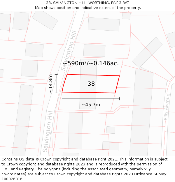 38, SALVINGTON HILL, WORTHING, BN13 3AT: Plot and title map
