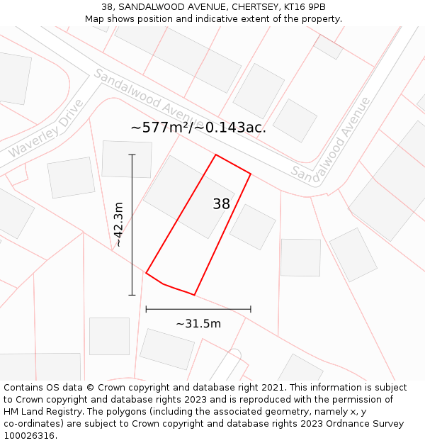 38, SANDALWOOD AVENUE, CHERTSEY, KT16 9PB: Plot and title map