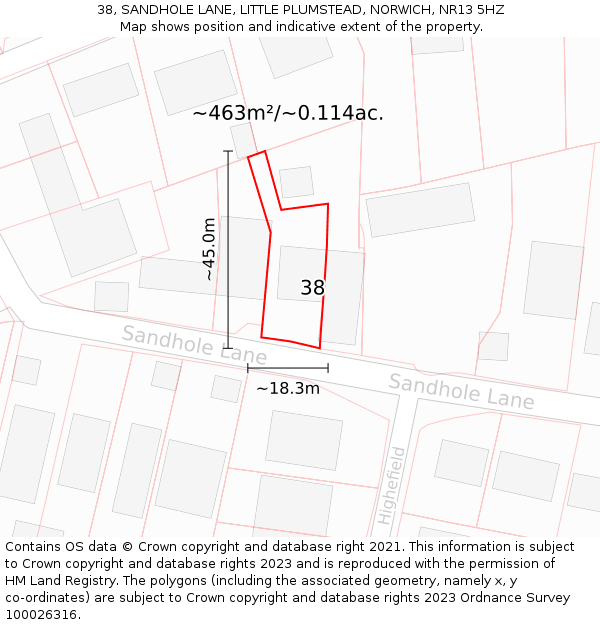 38, SANDHOLE LANE, LITTLE PLUMSTEAD, NORWICH, NR13 5HZ: Plot and title map