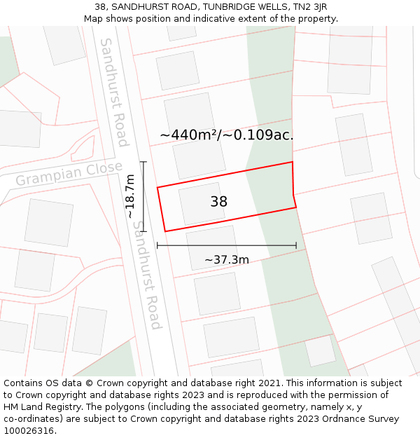 38, SANDHURST ROAD, TUNBRIDGE WELLS, TN2 3JR: Plot and title map