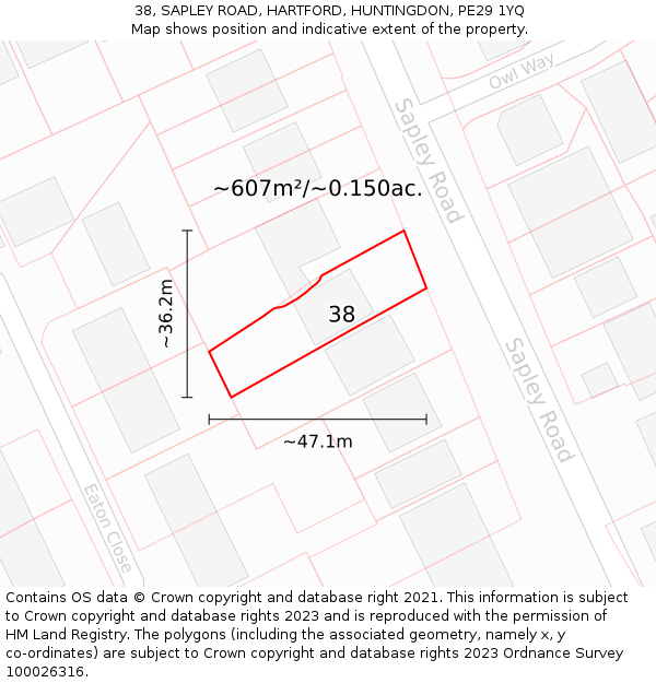 38, SAPLEY ROAD, HARTFORD, HUNTINGDON, PE29 1YQ: Plot and title map