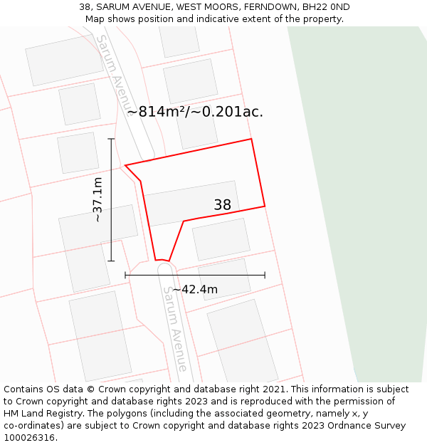 38, SARUM AVENUE, WEST MOORS, FERNDOWN, BH22 0ND: Plot and title map