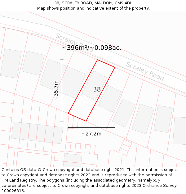 38, SCRALEY ROAD, MALDON, CM9 4BL: Plot and title map