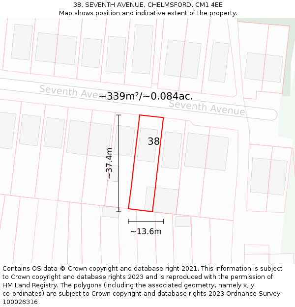 38, SEVENTH AVENUE, CHELMSFORD, CM1 4EE: Plot and title map