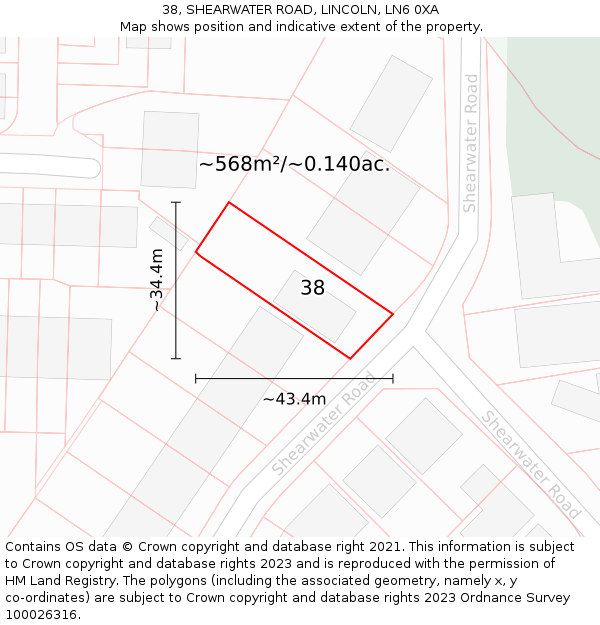 38, SHEARWATER ROAD, LINCOLN, LN6 0XA: Plot and title map