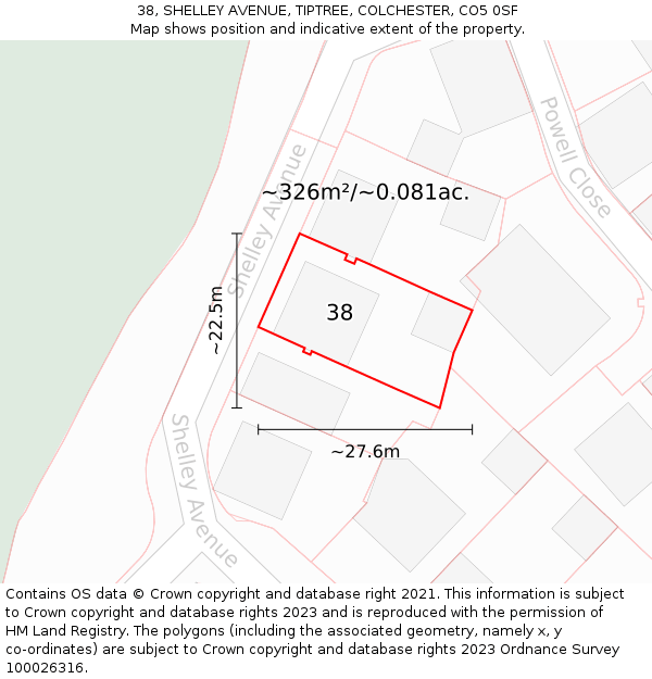 38, SHELLEY AVENUE, TIPTREE, COLCHESTER, CO5 0SF: Plot and title map