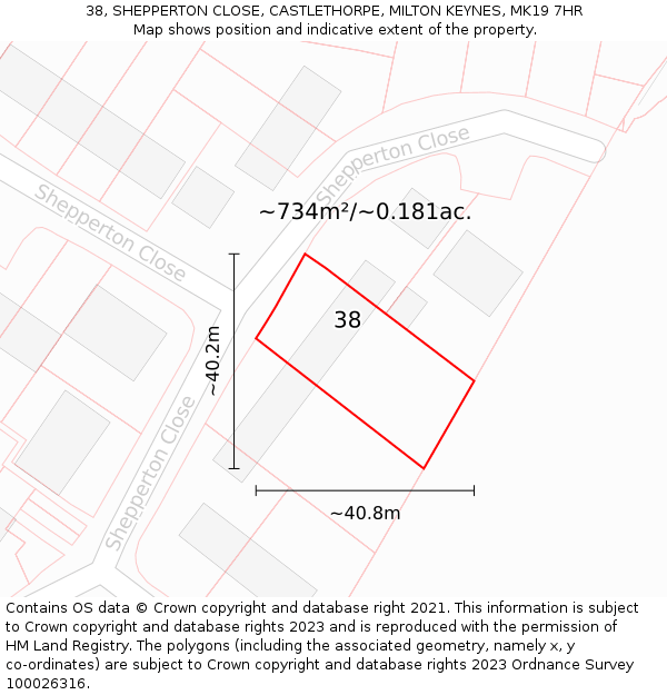 38, SHEPPERTON CLOSE, CASTLETHORPE, MILTON KEYNES, MK19 7HR: Plot and title map
