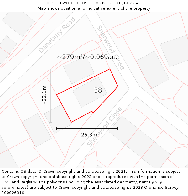 38, SHERWOOD CLOSE, BASINGSTOKE, RG22 4DD: Plot and title map
