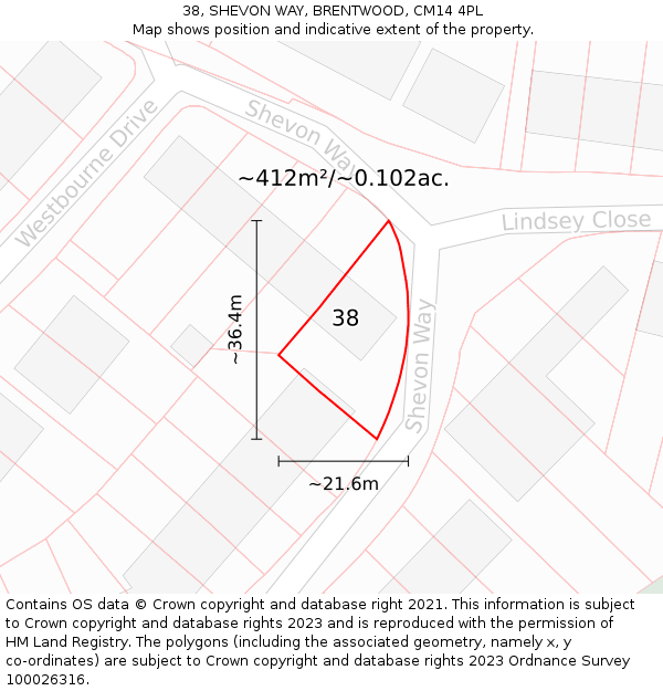 38, SHEVON WAY, BRENTWOOD, CM14 4PL: Plot and title map