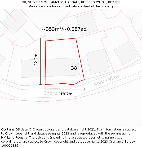 38, SHORE VIEW, HAMPTON HARGATE, PETERBOROUGH, PE7 8FS: Plot and title map