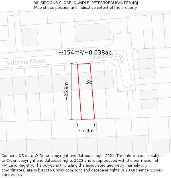 38, SIDDONS CLOSE, OUNDLE, PETERBOROUGH, PE8 4QJ: Plot and title map