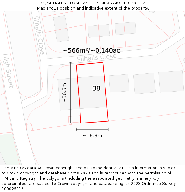 38, SILHALLS CLOSE, ASHLEY, NEWMARKET, CB8 9DZ: Plot and title map