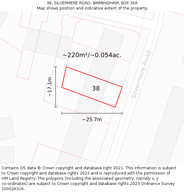 38, SILVERMERE ROAD, BIRMINGHAM, B26 3XA: Plot and title map