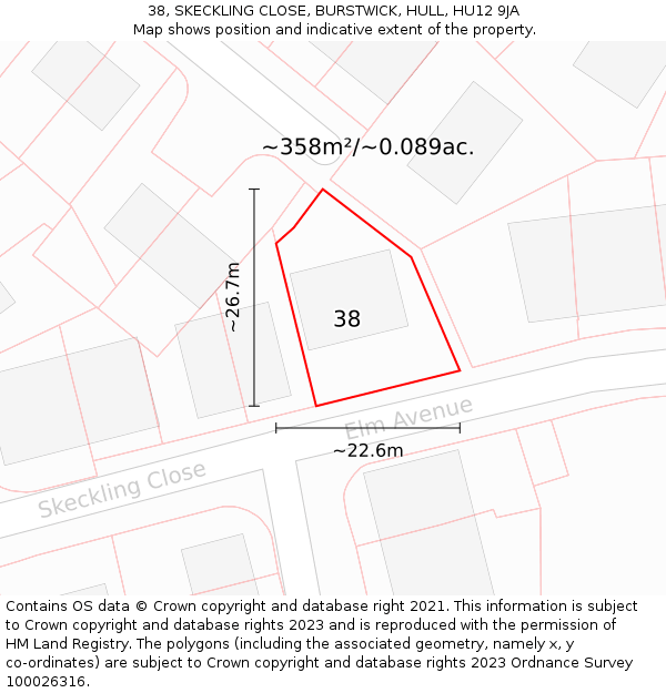 38, SKECKLING CLOSE, BURSTWICK, HULL, HU12 9JA: Plot and title map
