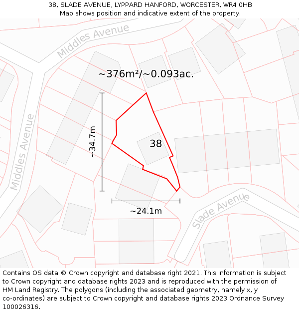 38, SLADE AVENUE, LYPPARD HANFORD, WORCESTER, WR4 0HB: Plot and title map