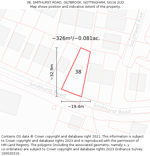 38, SMITHURST ROAD, GILTBROOK, NOTTINGHAM, NG16 2UD: Plot and title map