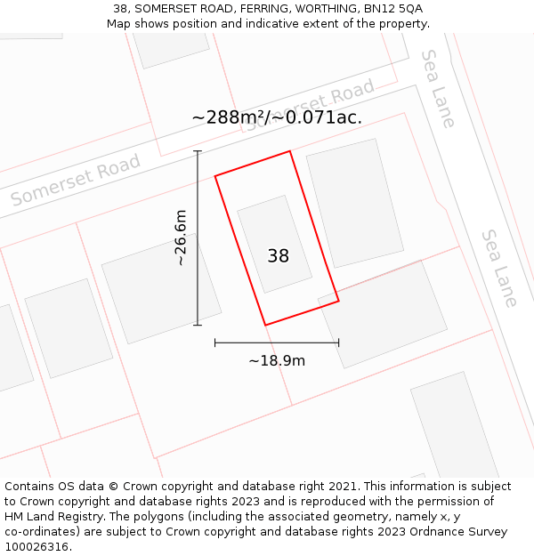 38, SOMERSET ROAD, FERRING, WORTHING, BN12 5QA: Plot and title map