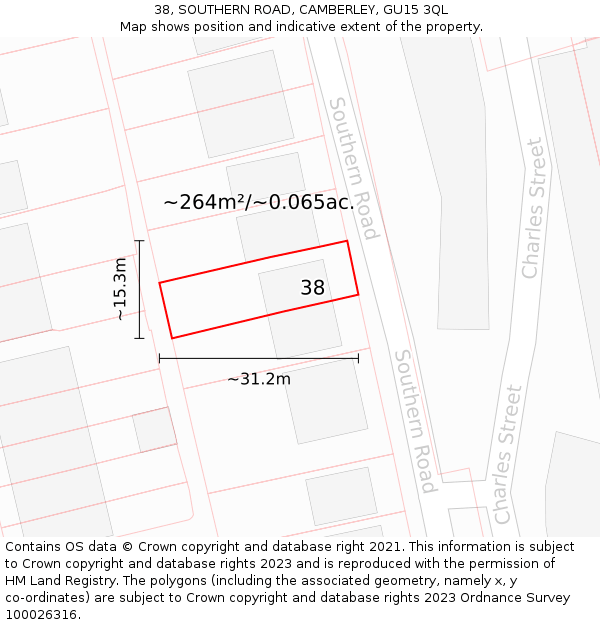 38, SOUTHERN ROAD, CAMBERLEY, GU15 3QL: Plot and title map