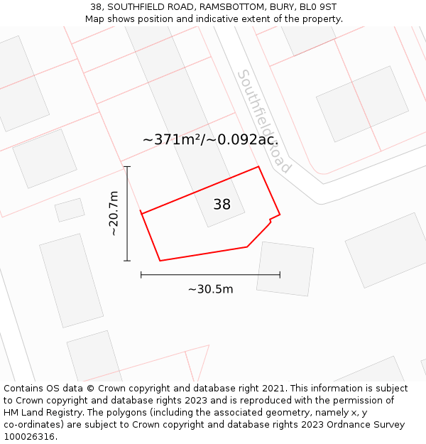 38, SOUTHFIELD ROAD, RAMSBOTTOM, BURY, BL0 9ST: Plot and title map