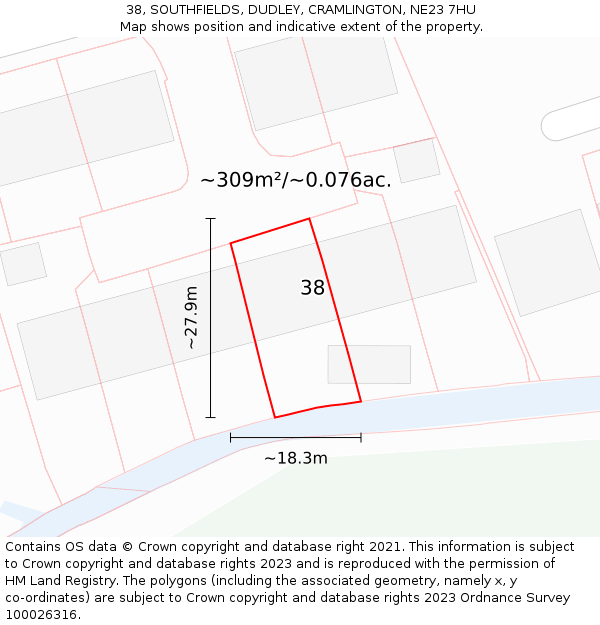 38, SOUTHFIELDS, DUDLEY, CRAMLINGTON, NE23 7HU: Plot and title map