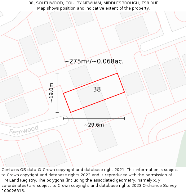 38, SOUTHWOOD, COULBY NEWHAM, MIDDLESBROUGH, TS8 0UE: Plot and title map