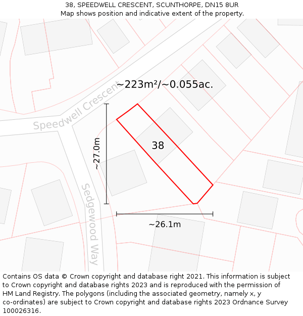 38, SPEEDWELL CRESCENT, SCUNTHORPE, DN15 8UR: Plot and title map